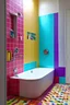 Placeholder: a colorful bathroom, with bathtub in focus and being situated on the left corner, a showerhead attached to the wall and the flooring being of square tiles and nothing else