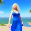 Placeholder: Beautiful sunny face woman blue eyes long blond hair in a blue flower dress on a beach, unreal engine, 4k
