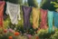 Placeholder: Beautiful lace pants of different colours drying on a clothesline in a flower garden, centre, bold colours elegant fantasy 8k beautiful dynamic lighting award winning imperial colors hyperrealistic ultra detailed 4K 3D high definition crisp quality colourful hdr, backlit, in sunshine