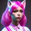 Placeholder: waitress teenager, cat ears latex headband, rounded face, pink hair, pink makeup, striped shirt, vibrant color, highly detailed, gradient background, concept art, smooth, 16 bit, unreal engine 5, god rays, ray tracing, RTX, lumen lighting, ultra detail, volumetric lighting, 3d, finely drawn, high definition, high resolution.