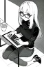 Placeholder: hacker girl with glasses use a laptop sitting in a cafe, line arts, greyscale