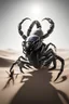 Placeholder: Grey and white image with a black scorpion. Visualize a scorpion navigating the arid, barren expanse of a desert landscape. Portray the scorpion's sleek and menacing form against the backdrop of shifting sands and sun-baked dunes. Emphasize the scorpion's armored exoskeleton and the subtle glint of its eyes.