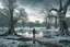 Placeholder: ice, winter, dry trees, person, pond, sci-fi, epic