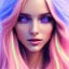 Placeholder: beautiful, soft, big smile face, whole head, long straight blonde hair blues eyes, crown on the head, clothing in transparent bluish and pink veil, background brillante bluish and pink, hight definition, 8K