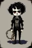 Placeholder: black haired black eyed young man necromancer steampunk Gnome that looks like a young Edgar Allan Poe with gothic jewelry in the style of Charles Addams