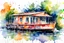 Placeholder: washed style watercolor painting of a houseboat in ,, Razumovskaya style, watercolor painting. paint splash, drip