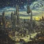 Placeholder: gothic painting of a city in a fantasy starry night photorealistic