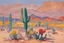 Placeholder: George Baselitz Desert landscape with flowering cactuses in foreground with purple mountain in background vibrant colors