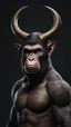 Placeholder: ((ape with horns)), dark background, mid shot, full body, neutral expression, buzzcut hair, ultra realistic, highres, superb, 8k wallpaper, extremely detailed, intricate, limited palette,