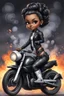 Placeholder: Create a digital airbrush illustration of a chibi cartoon full figure black female riding a sports motorcycle. She is wearing tie dye and black tights with biker boots. Prominent make up with log lashes and hazel eyes. Extremely highly detailed black shiny wavy hair up in a messy bun. Background of smoke surrounding her and the bike and she's at a bike show.