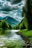 Placeholder: green trees and a river with mountains and clouds in the background