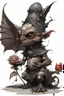 Placeholder: Artist Jean-Baptiste Monge style. A humanoid biomechanical Black bat-flower headed Baby with red eyes and a black dress. Modifiers: award winning crisp quality very cute