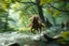 Placeholder: oil painting ,motion blur running caped long haired pixie Quickling - Forgotten Realms dodging harpies above water and along winding branches in lush green forest along speeding horses , bokeh like f/0.8, tilt-shift lens 8k, high detail, smooth render, down-light, unreal engine, prize winning