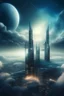 Placeholder: The future modern buildings in another dimension surrounded with stars and galaxies and clouds and fogs, Busch painting nightmare style , 3D , scary, magical, mysterious