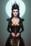 Placeholder: Amy Dumas as evil queen in black leather gown, evil, busty, cleavage, curvy, angry, stern look. character design by cory loftis, fenghua zhong, ryohei hase, ismail inceoglu and ruan jia. unreal engine 5, artistic lighting, highly detailed, photorealistic, fantasy