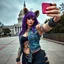 Placeholder: SCUZZPUNK AESTHETIC: FILTH, GRIME, STINK... SCUZZ. And a DEVIL-MAY-CARE FLIRTATIOUS SASSY IRREVERENCE. Denim vest, purple hair, anthropomorphic curvy, bottom-heavy she-hyena posing for a selfie outside the capital building