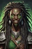 Placeholder: dungeons and dragons character portrait of a beast human female warrior with black skin, dreadlocks, big fangs and green eyes.