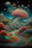 Placeholder: Fabulous composition, cosmic, hyperrealistic, microdetalization, surreal, drawing details, clear outline, color illustration, aesthetically pleasing, stardust, mystical landscape, curved trees, calendula, dark fantasy, monsters, multicolor, detailed, 3d, threads, fibers, bolto, mountains, fantastic pine neurons,ambient clarity,voluminous