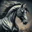 Placeholder: PROMPT: Young stallion in motion, captured in a modern vintage photography style. The image blends necronomic-inspired illustrations with a tabletop photography approach, reminiscent of the 1890s. Hyper-realistic animal portraiture is combined with a ghostly aura and subtle, buzzing details.