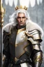 Placeholder: Male Tan Human, White Hair, Handsome Face, King Crown, Dark Heavy Armour, Black and Gold colour theme