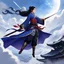 Placeholder: a princess in a flowing kimono, her hand gripping a gleaming katana, poised for battle on the top of an airship soaring through the clouds. Across from her stands a shadowy figure, a ninja cloaked in mystery and skill, ready to engage in a deadly dance of blades high above the world below.