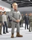 Placeholder: 4D cartoon with big head, ultra-realistic details of Putin dressed in a plain gray long-sleeved shirt, cargo pants, cream-colored boots, hands in pockets, white background