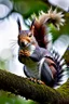 Placeholder: A squirrel is sitting on a pine tree in the forest, holding a pine cone