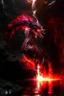 Placeholder: Gargantuan Red dragon with glowing red eyes in dark waterfall