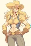 Placeholder: An anime style drawing of a buff cowgirl. she is blonde has sideburns. she is wearing chaps and a cowboy hat. she is buff and has big muscles!