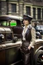 Placeholder: young woman with straight shoulder-length hair, dressed in brown leather trousers and waistcoat, leather gloves and a fascinator in an old industrial courtyard, next to a steampunk steam car on a summers day