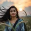 Placeholder: Photographic Long Shot View, Pakistani, Pashto, Cultural, Young, Extremely Beautiful Woman, Black Hair Whirling, Subtle Bold Expressions, Beautiful Eyes, & A Little Smile, Beautiful Cloudy Sunset, Wearing Traditional Grey Dress White Embroidery & Black Dupatta, Long Grass Waving From Air, Stressing Vibes, Cinematic & Dramatic Ambiance.