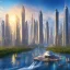 Placeholder: landscape, river, sun, skyscrapers, city, plane, peace, far view, colorful.