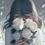 Placeholder: Pictures of a girl with a white background holding white roses covering her face Like from a cartoon movie, digital art, anime, 4k, full details, high resolution