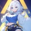 Placeholder: Clear focus, High resolution, rough line sketch art, short fluffy white hair, hair between eyes, fluffy hair, blue eyes, wearing a crop top, wearing shorts, detailed outfit, lots of details, bow on belt, white belt, white and blue everywhere on outfit, cut sleeve, yellow chains around outfit