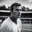 Placeholder: The tennis coach stood on the court, his gaze piercing through the camera lens with a menacing intensity. His once pristine white tennis racket now stained with blood, held high above his head. Scars crisscrossed his face, telling tales of battles fought and secrets hidden.
