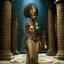Placeholder: [high res photo 8K by Ray Harryhausen for Pan's Labyrinth (2006)] In the heart of a pyramid, afro Nefertiti is clad in a revealing bandages, her flesh is warm and radiates magic energy, with her feet on the cold tiles of the temple, the braids of her hair end in snakes