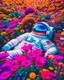 Placeholder: An astronaut laying down in field of millions of vibrant colorful flowers and plants, photoshoot, 8k, no border, ornamental, galaxy background, depth of view