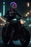 Placeholder: vampire girl with short cropped cyberpunk hair riding a cafe racer motorcycle in a post apocalyptic city at night