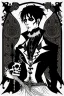 Placeholder: goth male necromancer with black hair and gothic jewelry in the style of Aubrey Beardsley