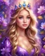 Placeholder: Adorable digital painting of a beautiful girl wearing a precious purple princess dress, sparkling crown, 18 years old, Anna's face, long golden hair, blue eyes and surrounded by magical flowers.