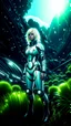 Placeholder: wide-angle Photo of a Sci-fi woman, with blond hair, wearing a silver and black spacesuit looking like an android, on an alien jungle planet