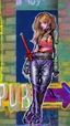 Placeholder: teen woman in retro-futurist cyberpunk costuming with pants and sheathed swords leaning to the side with shoulder against a brick pillar, add a background of brick with graffiti of a large arrow pointing to the right and text of the word "PUB" on lower left