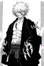 Placeholder: A manga-style portrait of a fierce male Shinigami from Bleach, Kazuma Saito, tall and muscular, with wild silver-gray hair, steel-colored eyes, and a scar across his left brow and cheek. He wears a tattered captain's haori of the 11th Division, open kimono revealing a dragon claw tattoo on his chest, and metallic claws (Haganetsume) on his forearms. He smirks defiantly, standing in a dynamic pose with silver reiatsu swirling around him.