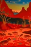 Placeholder: Light red wetlands with fiery frogs designed in Navajo baskets painted by Lyonel Charles Feininger