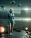 Placeholder: Ultra Realistic retro sci-fi 1960 scene, waist up view portrait, blonde woman, sweet young Marilyn Monroe face, perfect iris, tight latex coat, Strange planet background, Retro sci-fi tight style, sphere dron, fog, rain, soft color, highly detailed, unreal engine 5, ray tracing, RTX, lumen lighting, ultra detail, volumetric lighting, 3d, finely drawn, high definition, high resolution.