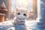 Placeholder: cute chibi thankful cat praying in an icy room in sunshine