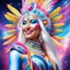 Placeholder: full body photorealistic portrait of a beautiful smiling amazonian carnival spiritual goddess with long parma white hair, colorful feathers tight hips with a tron like body suit tribute to the galaxy in a cosmic surounding only blue , pink and yellow, crystal jewels