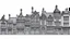 Placeholder: A highly detailed front elevation line drawing of a row of fantasy houses of different heights with tall chimneys, rooms and floors added to sides and roofs, like Harry Potter's Diagon Alley, inspired by Moebius