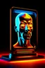 Placeholder: a 3d male face coming out of a tablet screen, inspired by Tim Hildebrandt, futuristic, glowing, sci-fi digital art illustration, stefan koidl inspired