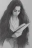 Placeholder: Pencil sketch of Young woman, Arab features,sad, long wavy hair, reading a book, full body، on lined paper